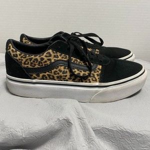 VANS Cheetah Print Black Ward Kids' Platform Skate Shoes Size 4 Missy Girls
